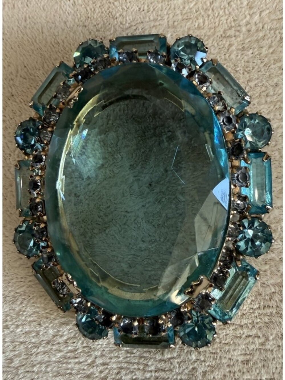Rare Vintage Brooch/Pin Aqua Blue Glass Cabochon W/ Round &Baguette Rhinestones